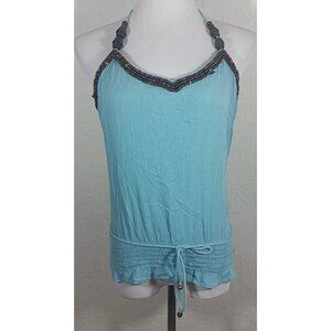 BCBGirls XS Tank Top Halter V Neck Blue Wood Bead Embellished Neckline Waist Tie